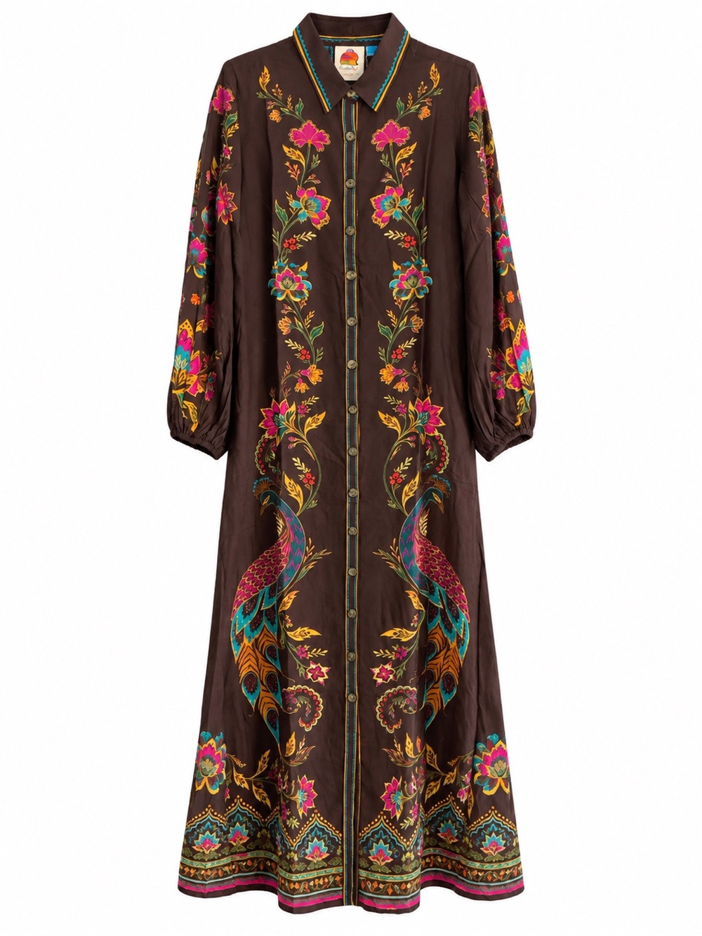 Farm Rio Anthropologie Maxi Dress Womens M Brown NWT Boho Peacock Floral Viscose - Picture 4 of 13